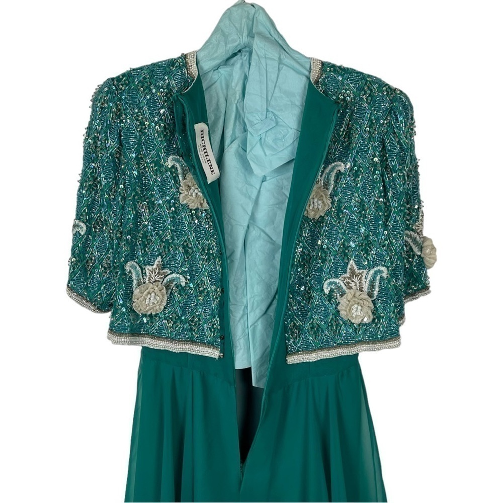 VINTAGE RICHILENE 70S SILK CHIFFON BEAD EMBELLISHED AQUA FORMAL EVENING GOWN - Picture 10 of 16
